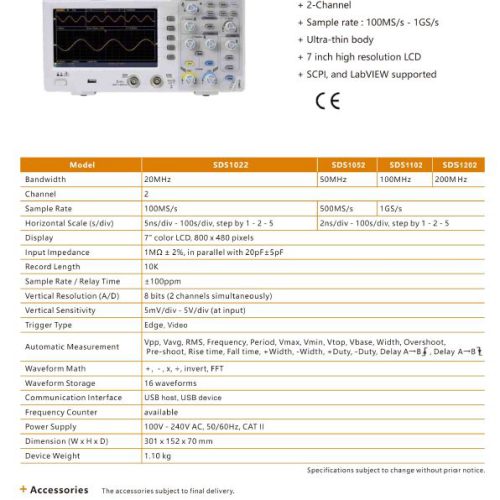 اسیلوسکوپ رومیزی دو کانال  50MHz ارزان مدل SDS-1052 ساخت کمپانی OWON